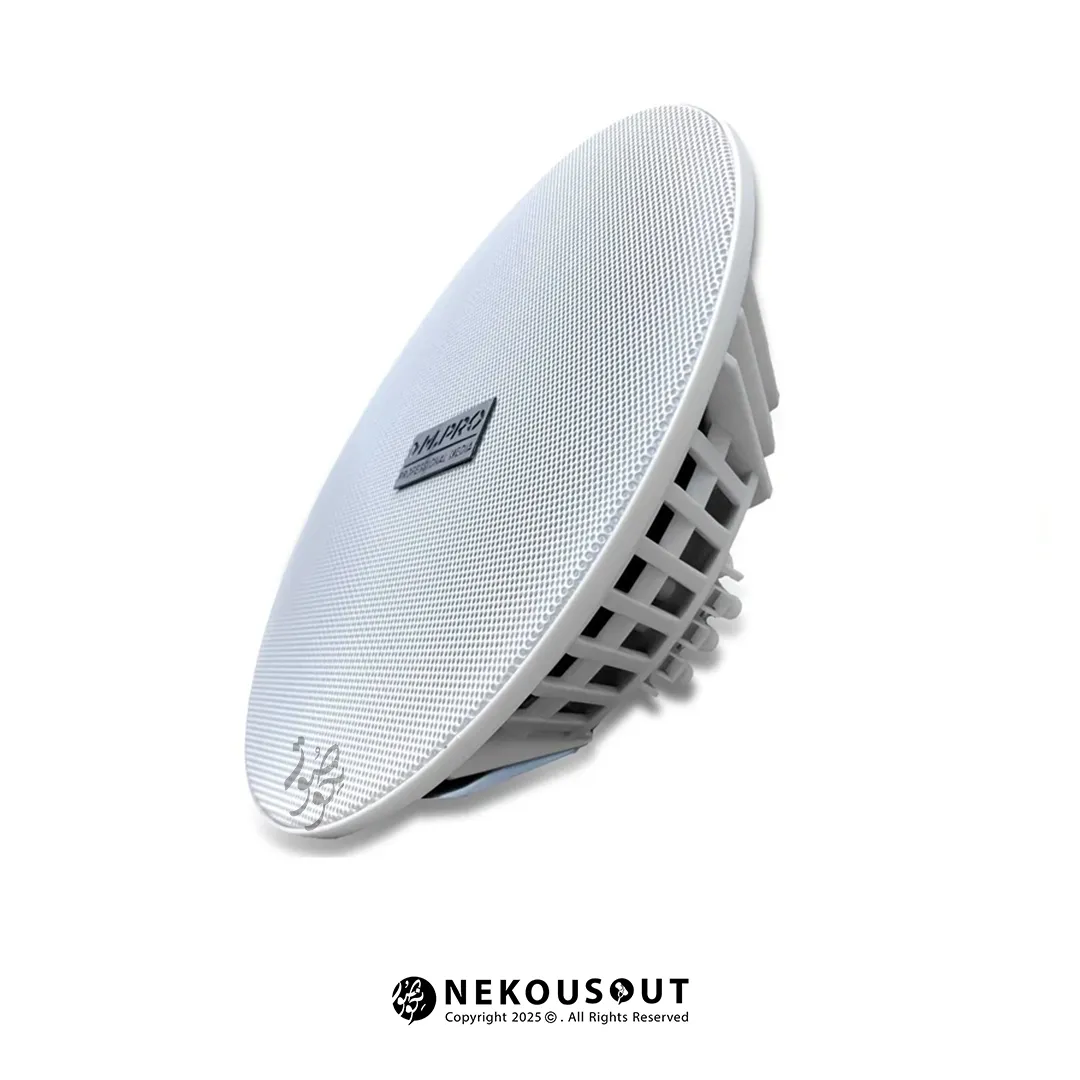 اسپیکر سقفی ام پرو M.PRO F106 1 نمای کامل اسپیکر سقفی ام پرو مدل F-106 با توری سفید و فریم دایرهای شکل برای نصب توکار