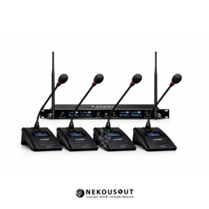 میکروفن کنفرانس بیسیم ام پرو مدل MW8500 - نمای کامل چهار میکروفن رومیزی به همراه گیرنده مرکزی