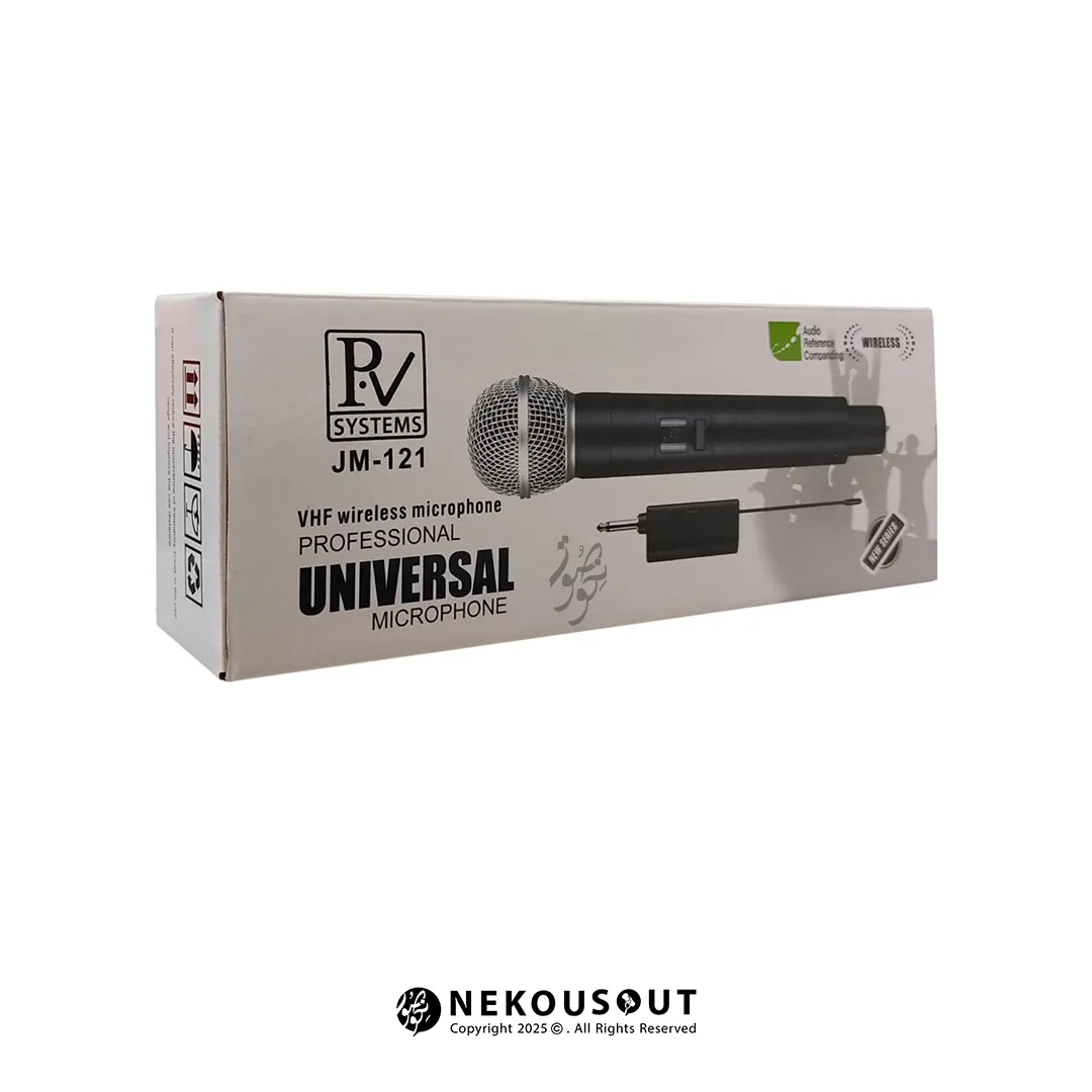 میکروفون بی سیم شارژی پی وی PV JM-121 2 نمای نزدیک از گیرنده با یک آنتن، خروجی TS و کلید ON/OFF
