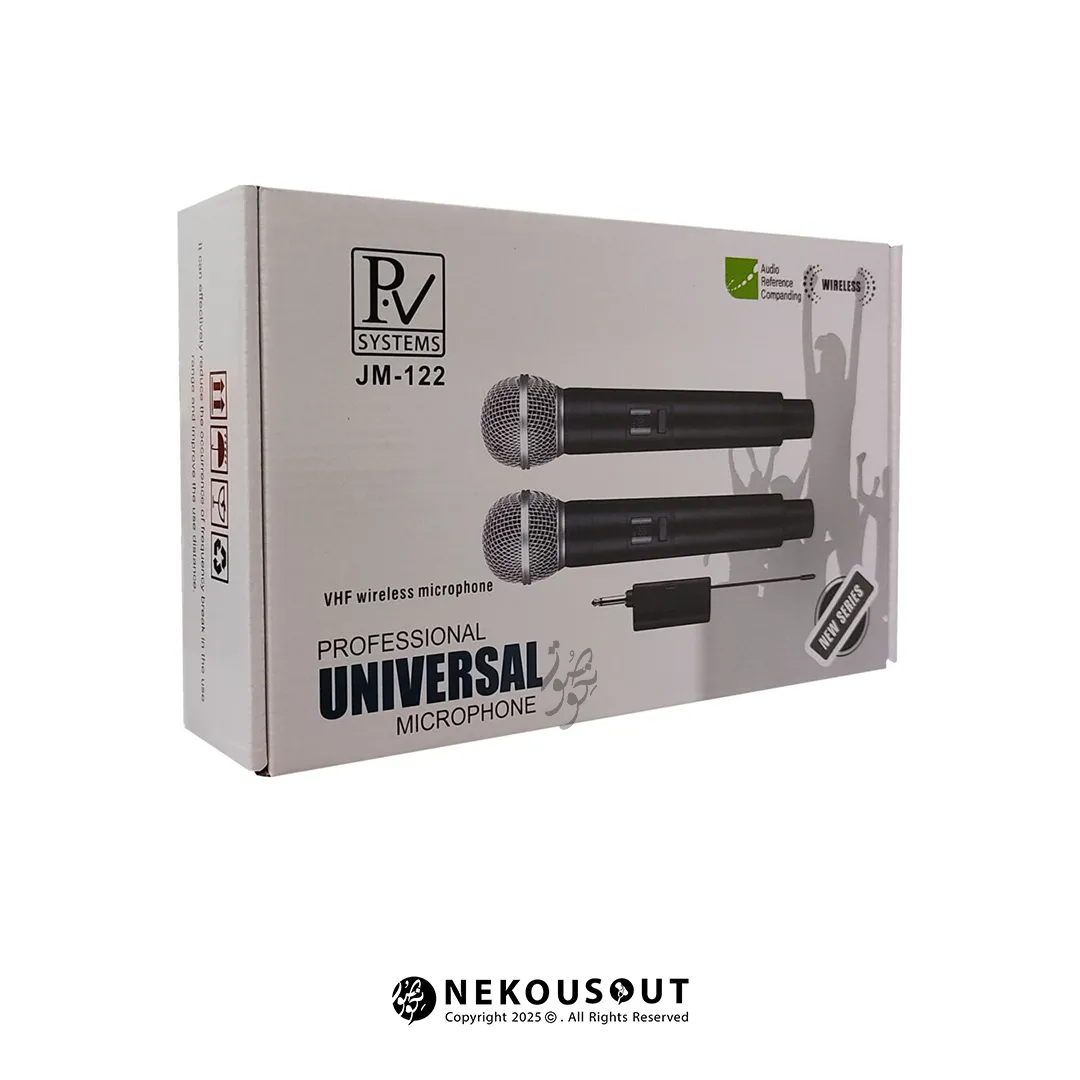 میکروفون بی سیم شارژی پی وی PV JM-122 دو کانال 3 نمای نزدیک از ابر میکروفن (بادگیر) روی گریل فلزی و دکمه ON/OFF روی بدنه میکروفنها