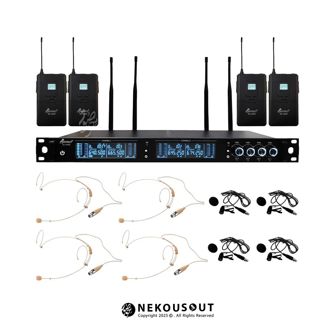 میکروفون بی سیم چهار کانال ساندکو SOUNDCO SU-4400C 1 نمای کامل میکروفون بی سیم چهار کانال ساندکو مدل SU-4400C شامل گیرنده ۴ آنتن، چهار بادیپک، چهار میکروفن هدمیک، چهار میکروفن یقهای، آداپتور و کیف حمل بزرگ