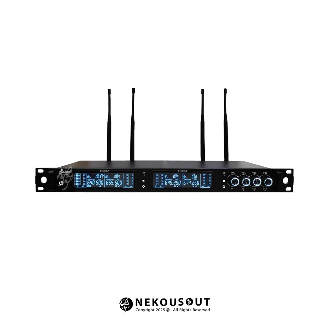 میکروفون بی سیم چهار کانال ساندکو SOUNDCO SU-4400C 4 کاربرد میکروفن SU-4400C در یک پنل گفتگوی چهار نفره با چهار سخنران روی صحنه و گیرنده در رک تجهیزات