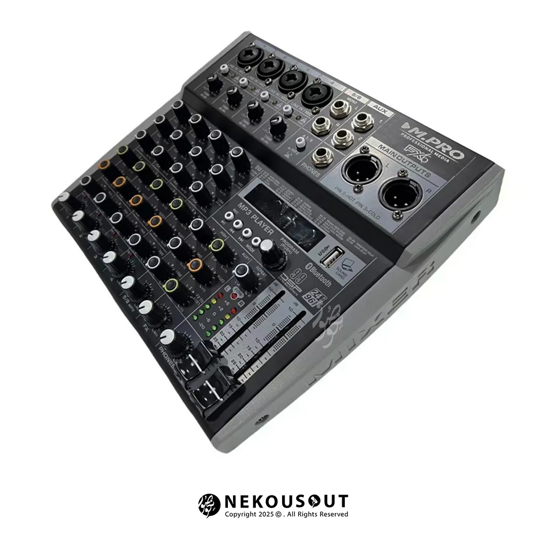 میکسر ام پرو M.PRO FX6 1 میکسر ام پرو مدل FX6 - نمای کامل پنل جلو با ۶ کانال و کنترلهای EQ، FX و فانتوم پاور