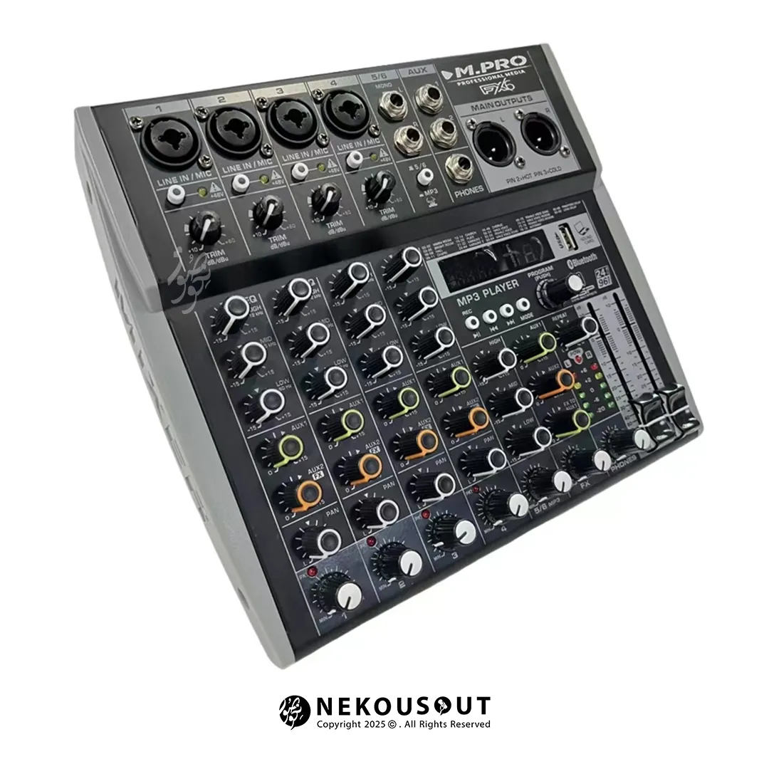 میکسر ام پرو M.PRO FX6 2 نمای پشتی میکسر - نمایش ورودیهای کمبو XLR/TRS، ورودیهای استریو RCA و خروجیهای XLR/TRS