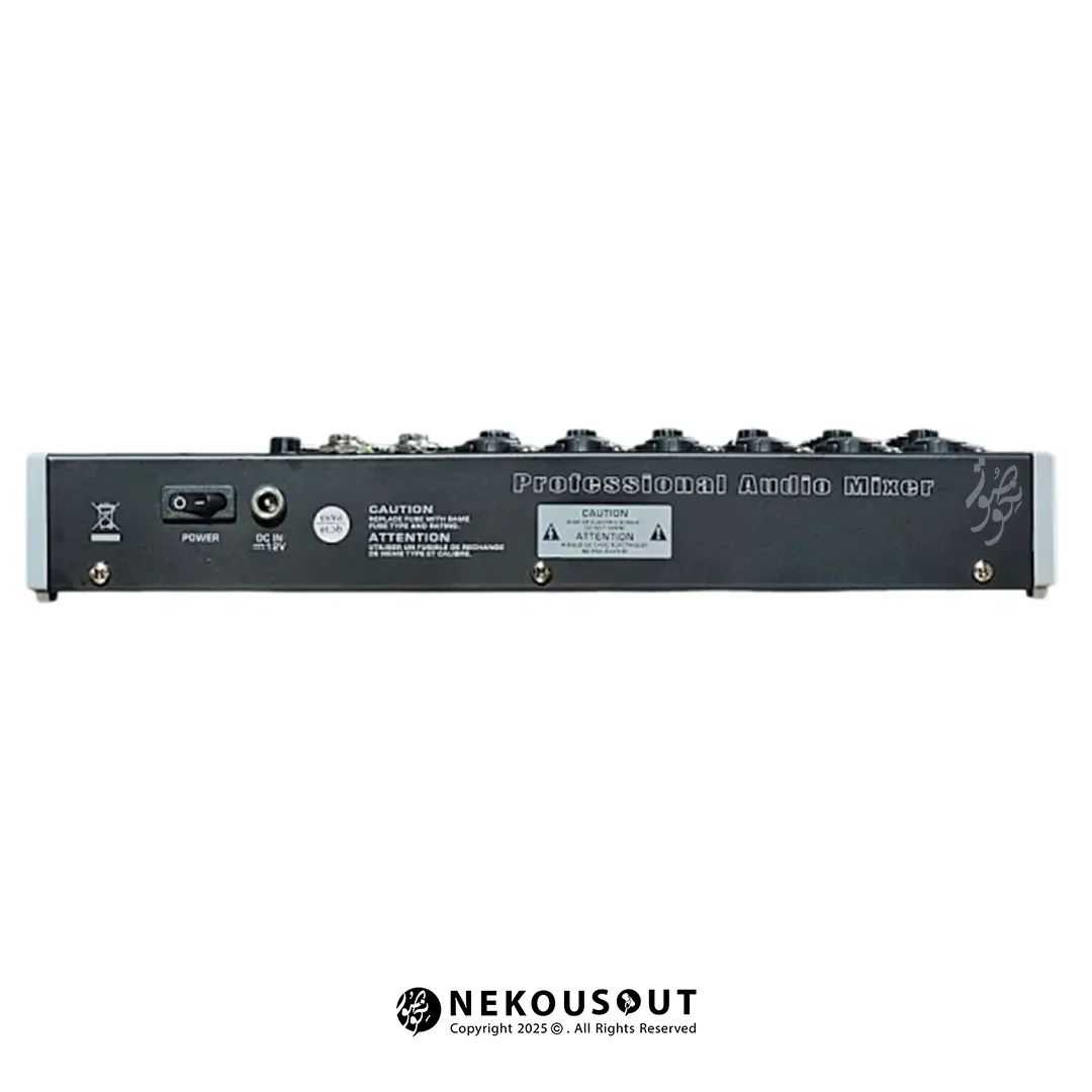 میکسر ام پرو M.PRO FX8 2 نمای پشتی میکسر - نمایش ورودیهای کمبو XLR/TRS، ورودیهای استریو RCA و خروجیهای Main XLR