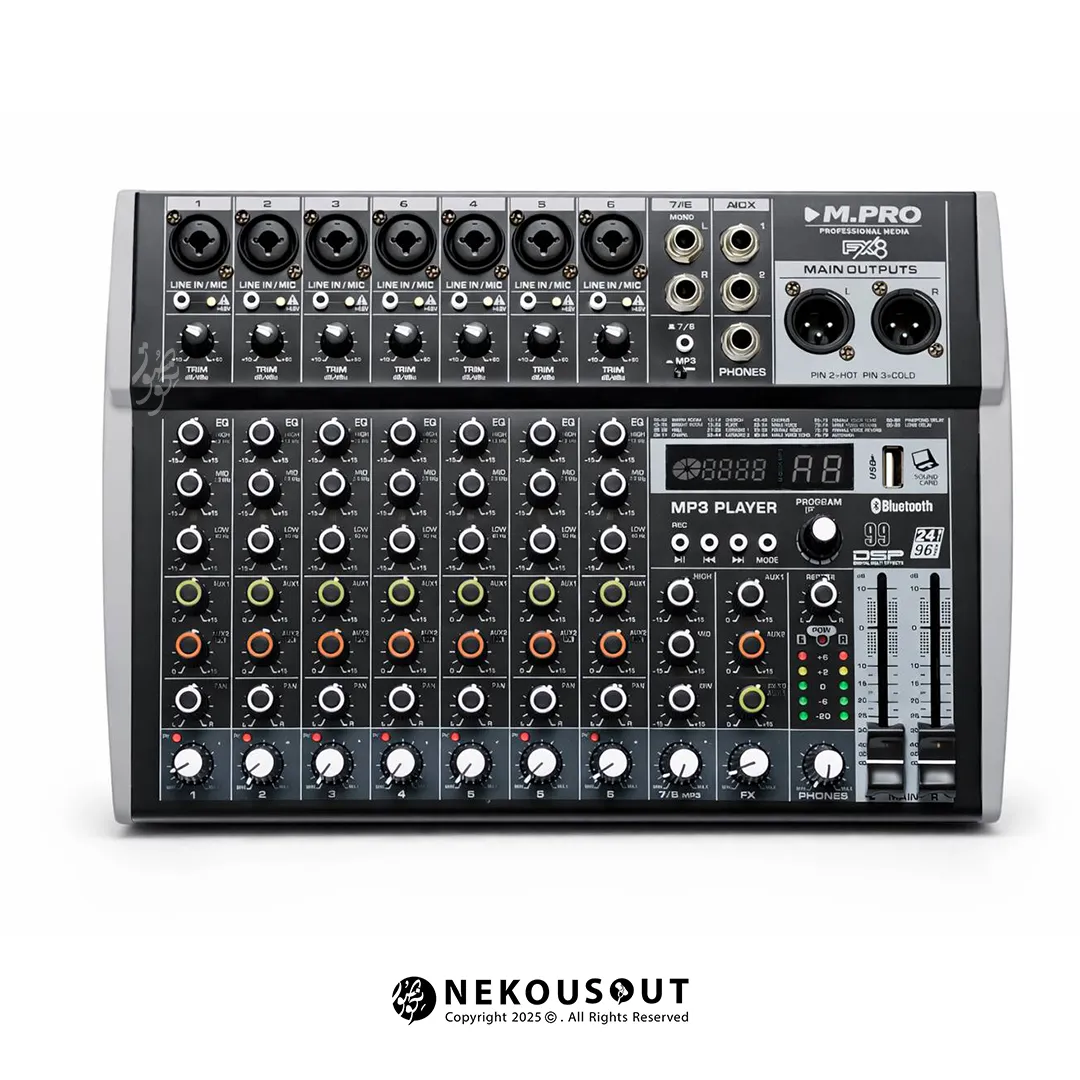 میکسر ام پرو M.PRO FX8 1 میکسر ام پرو مدل FX8 - نمای کامل پنل جلو با ۸ کانال، کنترلهای EQ و بخش افکت دیجیتال