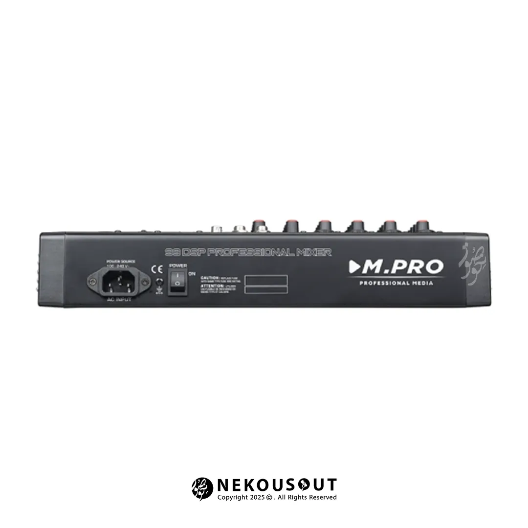 میکسر ام پرو مدل M.PRO MX-08D 2 نمای پشتی میکسر - نمایش ورودیهای کمبو، ورودیهای استریو RCA و خروجیهای Main XLR