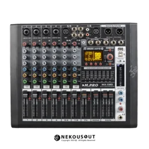 میکسر ام پرو مدل MX-08D - نمای کامل پنل جلو با ۸ کانال و کنترلهای EQ و افکت