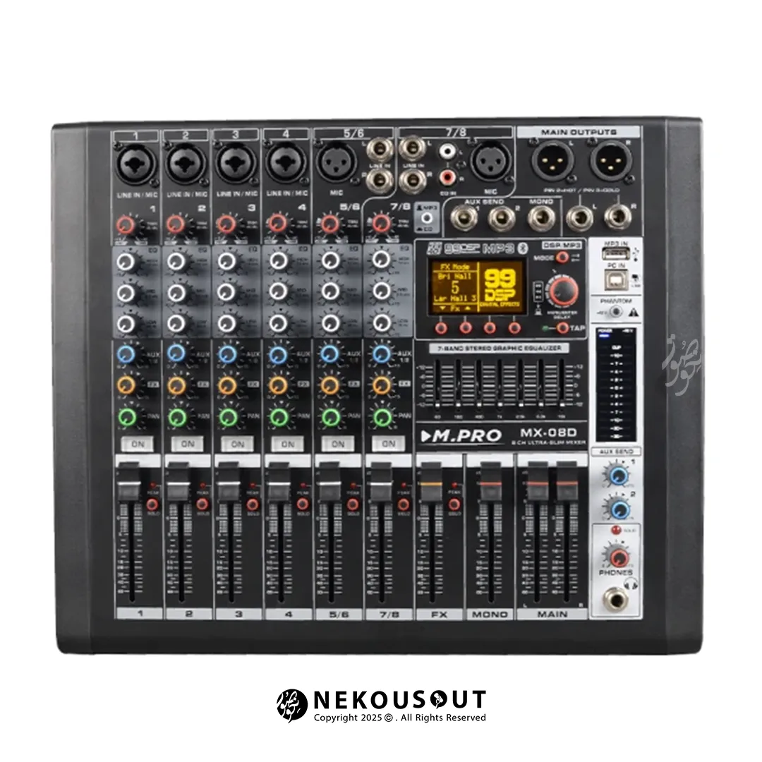 میکسر ام پرو مدل M.PRO MX-08D 1 میکسر ام پرو مدل MX-08D - نمای کامل پنل جلو با ۸ کانال و کنترلهای EQ و افکت