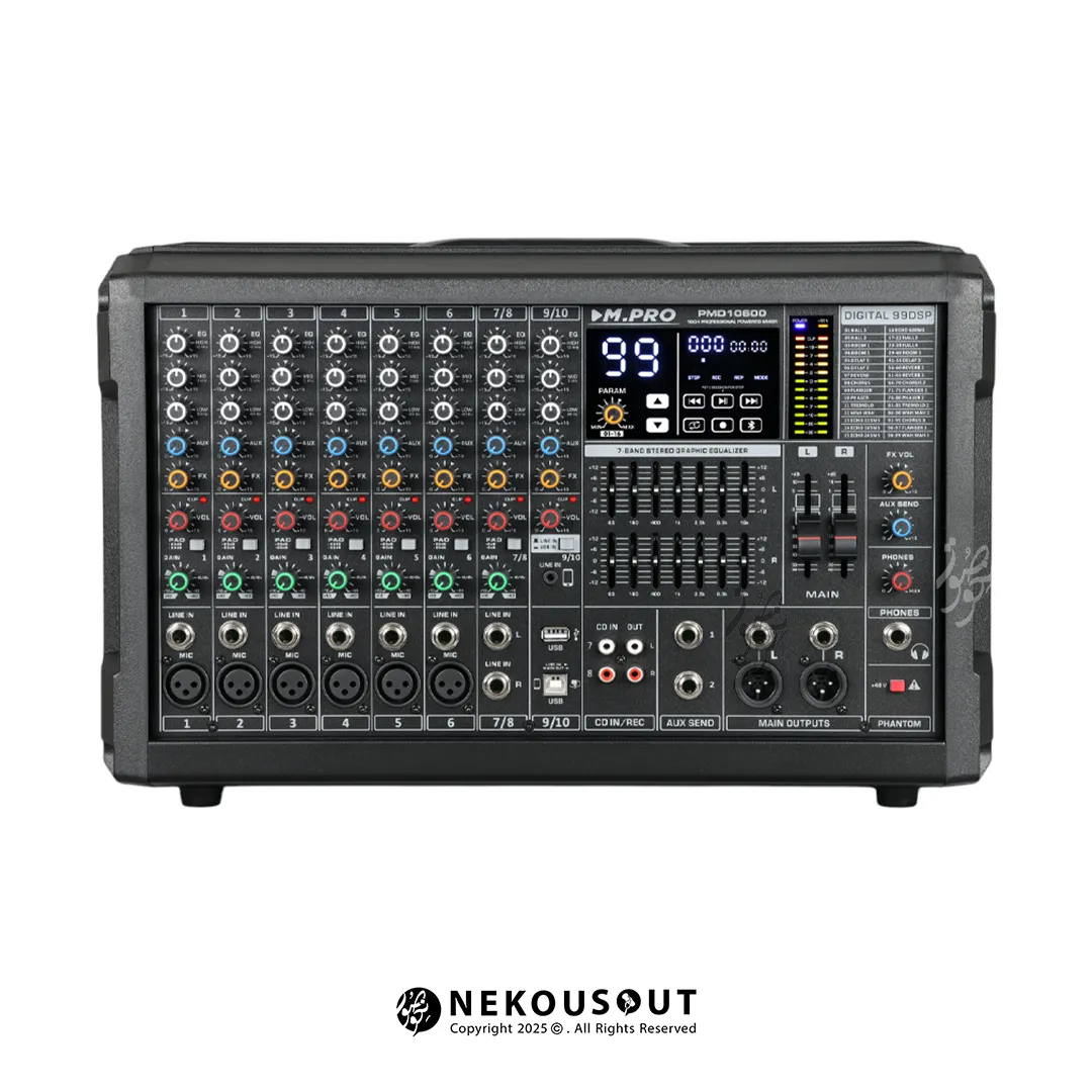 پاور میکسر ام پرو M.PRO PMD 10600 1 پاور میکسر ام پرو مدل PMD 10600 - نمای کامل پنل جلو با ۱۰ کانال، اکولایزر ۷ باند و نمایشگر LCD