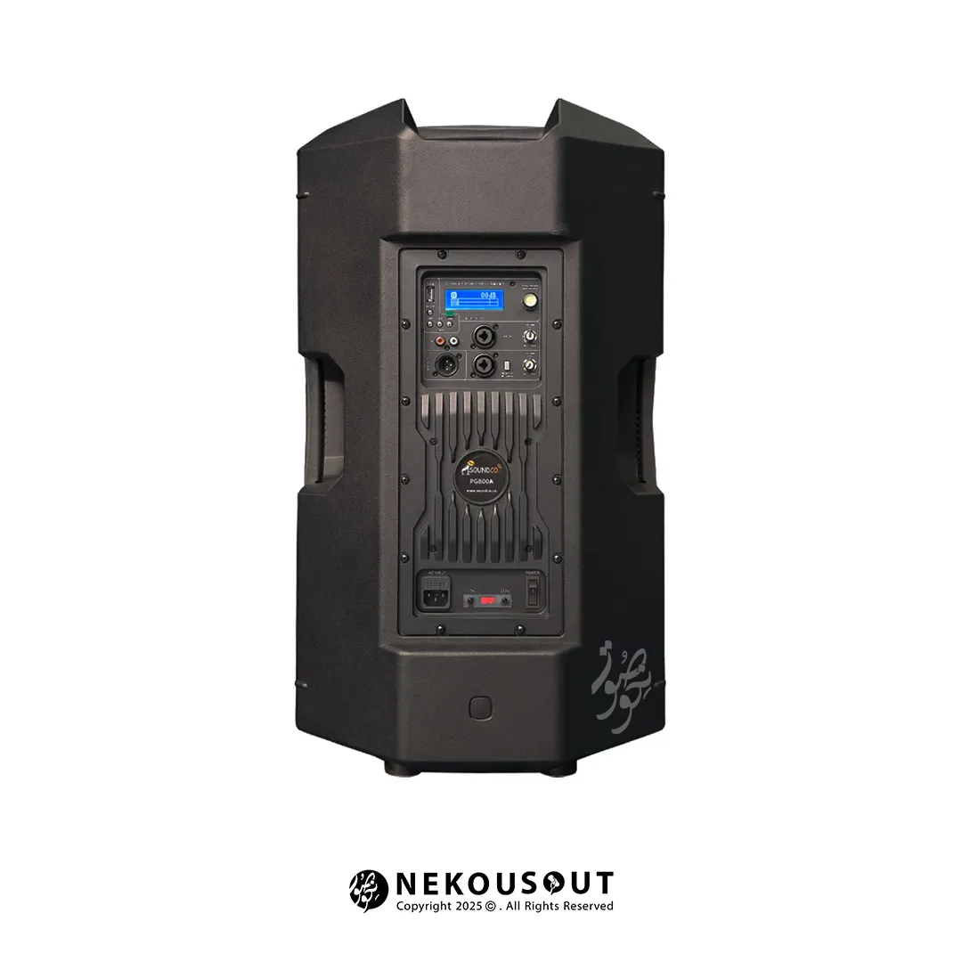 اسپیکر اکتیو ساندکو Soundco PG800A 3 نمای پشتی اسپیکر نمایش خروجی XLR و مشخصات فنی درج شده