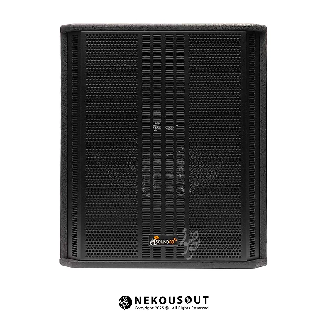 ساب اکتیو ساندکو Soundco PSW118 3 نمای پشتی سابووفر نمایش پنل DSP، ورودی و خروجی XLR و دکمه TWS/بلوتوث
