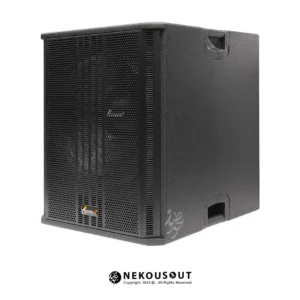 نمای کامل ساب اکتیو ساندکو مدل PSW118 با ووفر ۱۸ اینچ، کابینت پلی وود مشکی و ۴ چرخ قفلشونده