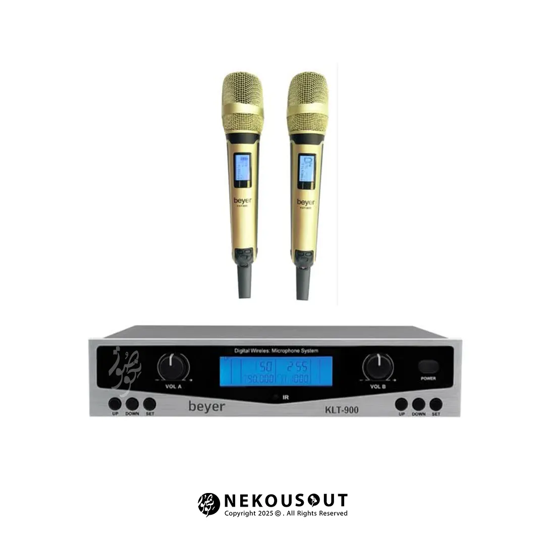 میکروفون بی سیم دو کانال دستی بیر BEYER 900KST 1 نمای کامل میکروفون بی سیم دو کانال دستی بایر مدل 900KST شامل دو میکروفن دستی فلزی، گیرنده دو کاناله و کیس پلاستیکی محافظ