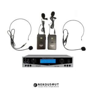 نمای کامل میکروفون هدست بی سیم دو کانال یقه‌ای بایر مدل 900KLT شامل دو فرستنده بدنه، دو میکروفن یقه‌ای، دو میکروفن هدست، گیرنده دو کاناله و کیس پلاستیکی محافظ