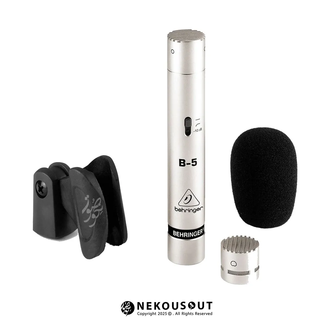 میکروفون کاندنسر استودیویی بهرینگر Behringer B5 2 نمای نزدیک از کپسول کاردیوئید نصب شده روی میکروفن و سوئیچهای Pad و Low Cut روی بدنه